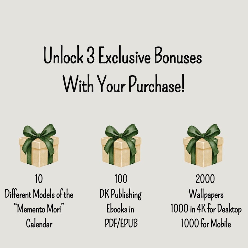 May include: An advertisement with the text "Unlock 3 Exclusive Bonuses With Your Purchase!" Three gift boxes are shown, each with a green bow. The bonuses include 10 calendar models, 100 ebooks, and 2000 wallpapers.