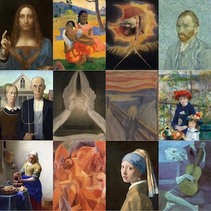 May include: A grid of twelve famous paintings, including portraits and scenes. The artworks feature diverse styles and subjects, from religious figures to landscapes and portraits. The color palettes vary, showcasing a range of artistic techniques and historical periods.