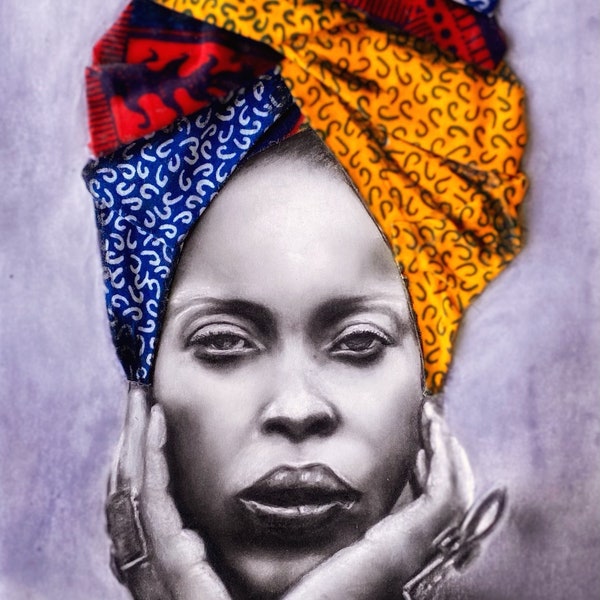 Erykah Badu Inspired Charcoal Portrait, Hand Drawn Art, Fabric Headwrap, African American Art, Wall Decor