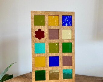 Glas in hout vierkant met bloemaccent