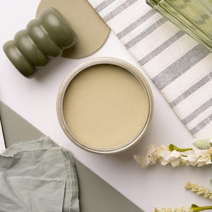 May include: A close-up of a small jar of light green paint. The jar is sitting on a white surface with a white and gray striped fabric, a green fabric swatch, and a green paint sample.