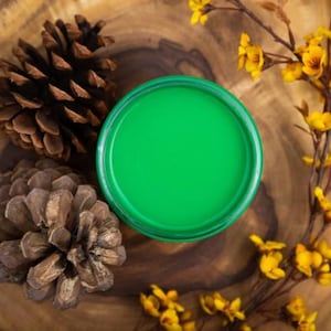 May include: A vibrant green container sits on a wooden surface, accompanied by two pine cones and sprigs of yellow flowers. The natural elements create a rustic and earthy aesthetic, suitable for home decor or craft projects.