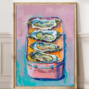 Stampa di conchiglie di ostriche, arte murale in latta, arredamento moderno per la cucina, poster retrò di ostriche blu e rosa, arte di frutti di mare alla moda e audace, arredamento per sala da pranzo 351