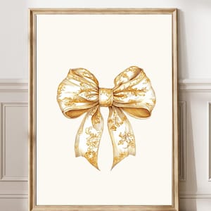 Coquette Beige gold Bow Art Girlie minimalist Illustration Trendy Nursery Decor Vintage Painting Aesthetic Ribbon Poster Dorm printable 320