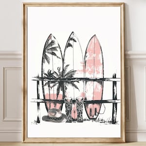Coastal Cowgirl Printable, Surfboard Wall Art, Beachy Room Decor, pink Surfing Print, Surfboard art, Vintage Surfing Print, teen room 363