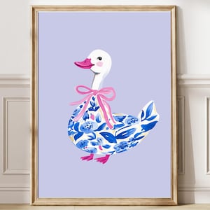 Duck Nursery Wall Art Print, Kids Room Decor, Animal Poster, Cute duck with pink bow printable, Girly room decor, Vintage aesthetic 324