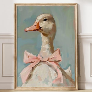 Cute duck with pink bow printable, Vintage Duck Nursery Wall Art, coquette animal Poster, Soft pastel tones painting, Girly room decor 326