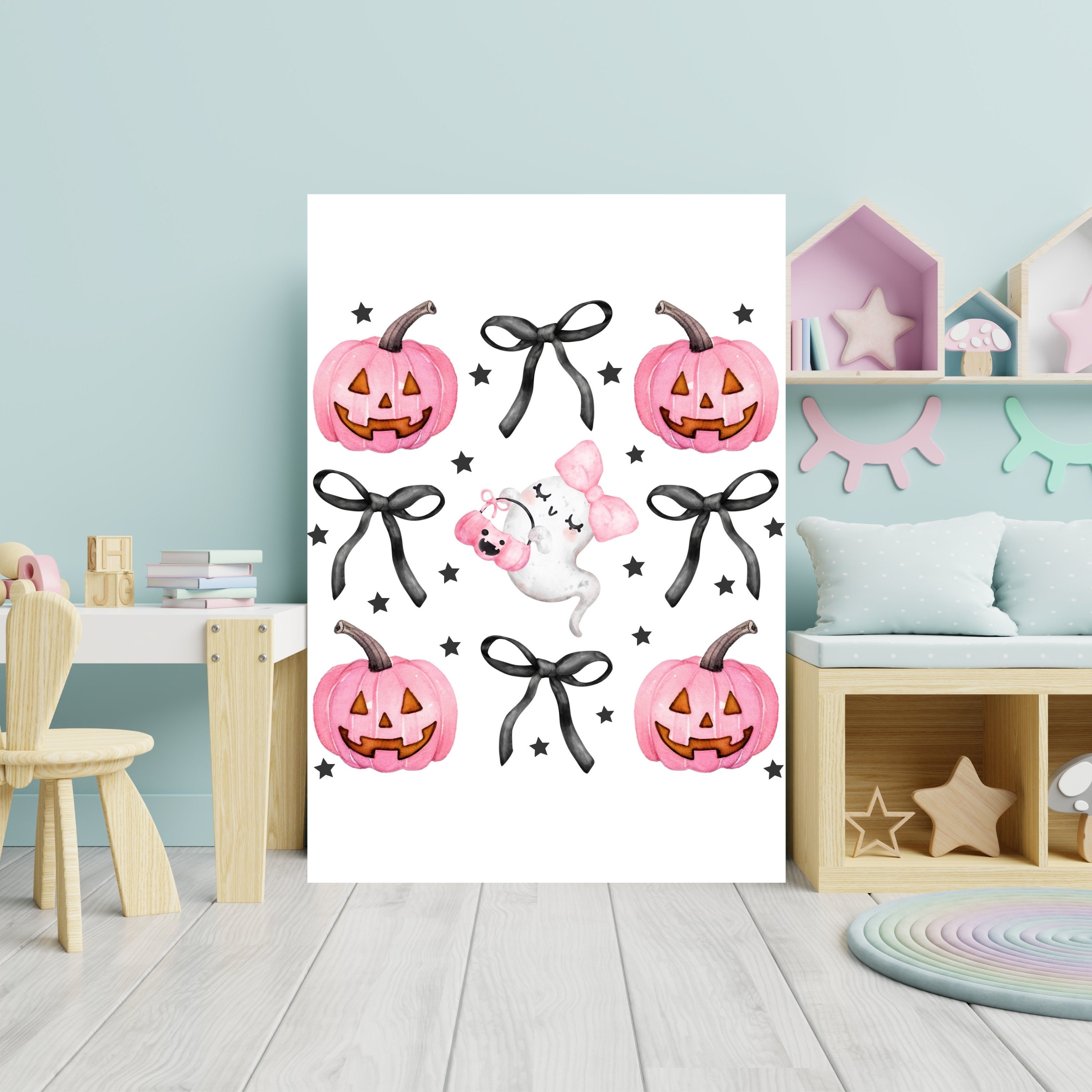 Supwhd Cute Halloween Ghosts Wall Art - 16x24 Inch Pink Bow Coquette Poster With Wooden Hanger