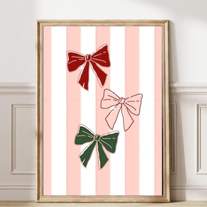 Christmas Bow Print, Pink Stripe Holiday Printable, Coquette Girly seasonal Poster, Preppy winter printable 669