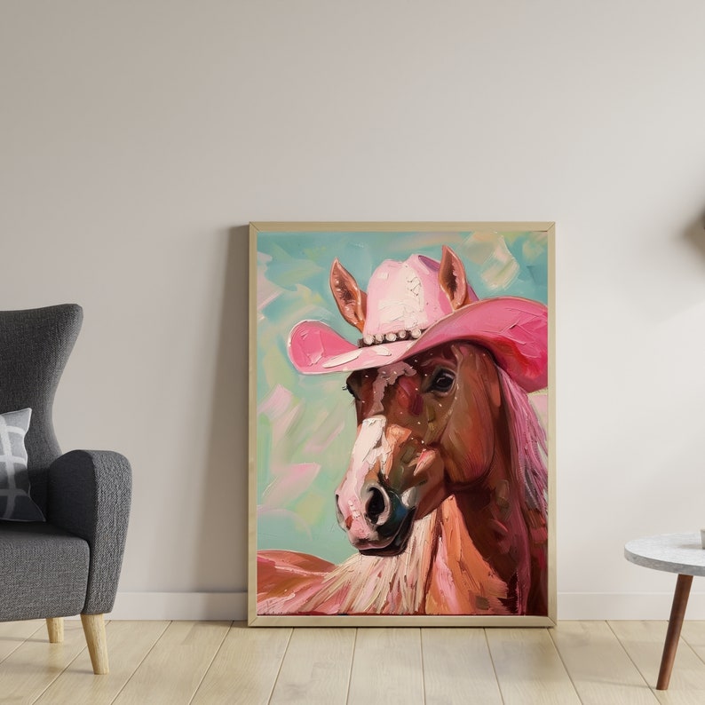 Brown Horse With Cowboy Hat Poster Western Print Girly Pink Room Wall Art Preppy Western Room ...