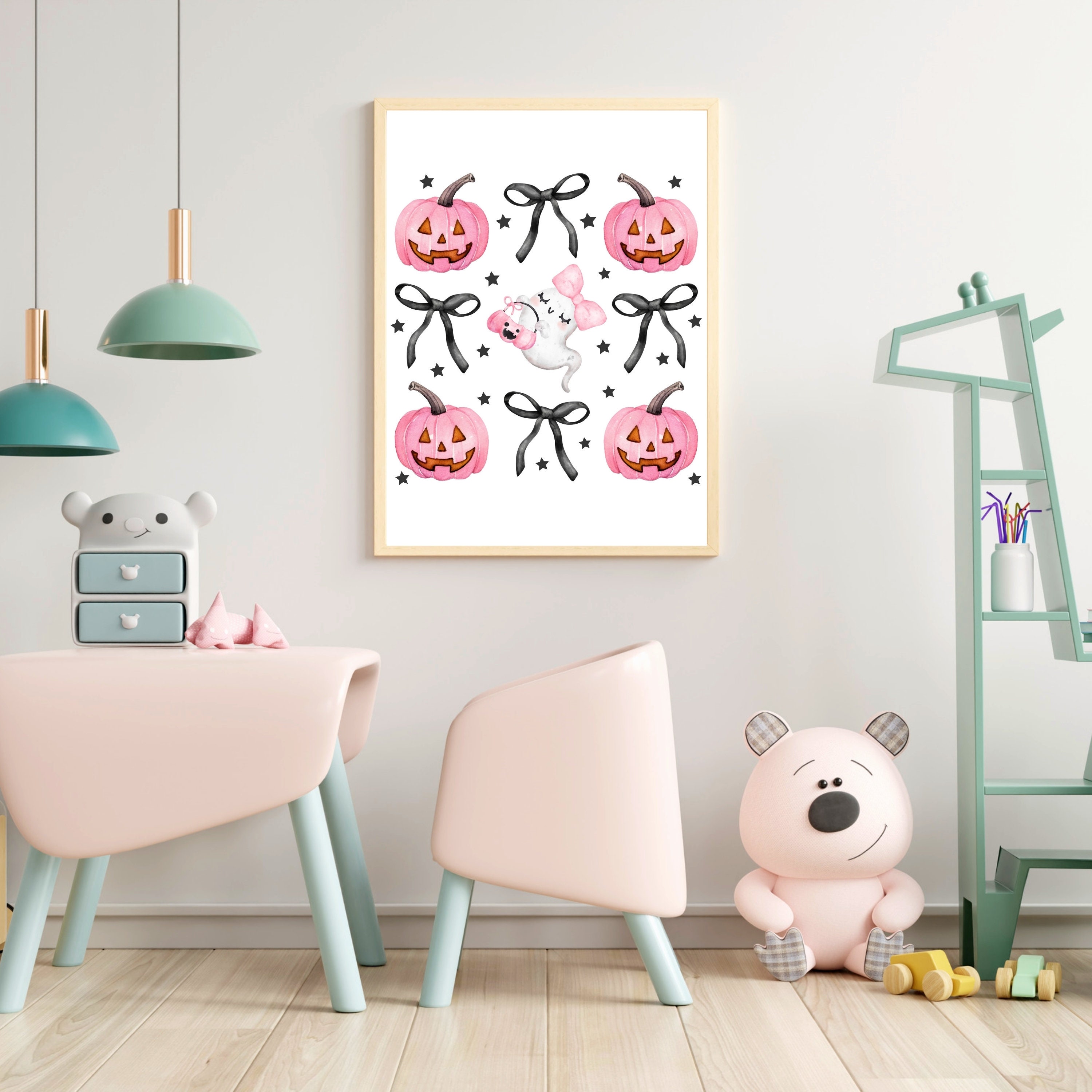 Supwhd Cute Halloween Ghosts Wall Art - 16x24 Inch Pink Bow Coquette Poster With Wooden Hanger