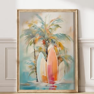 Tabla de surf, arte de pared costera, pintura de playa, cartel costero, arte estético rosa preppy, decoración de apartamento femenino, carteles oceánicos, imprimible en la playa 205