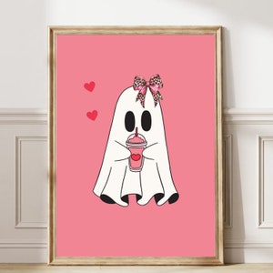 Coquette Pink Halloween Prinable Girl room decor Trendy Nursery art Halloween Decor Aesthetic Spooky printable Pink Bow Ghost Art Print 237