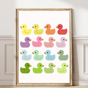 Rubber Duck bathroom wall art, baby room Illustration, rainbow rubber ducks Nursery, Cottage Core Decor, funky playroom art, Bath Print 393