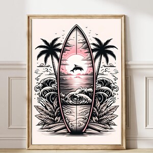 Surfboard Wall Art, Surfboard Beach Ocean, Girly Apartment Decor, Minimalist Coastal Room Decor, Surf Wall Art, Pink Beachy Printable 414