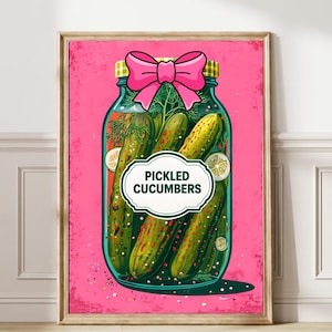 Coquette Pickle Art, Mädchen Raumdekor, modernes rosa Gemälde, Preppy Wohnheim Poster, Dillgurkenglas, Retro-Food-Print, Cottagecore-Küche 385