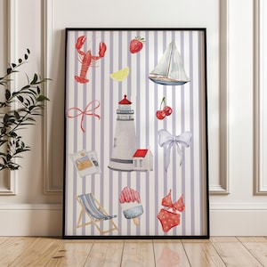 Impression côtière rouge, blanc et bleu : décoration de maison de plage grand-millénaire (téléchargement numérique)