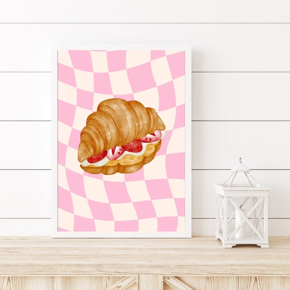 Pink croissant print Modern Aesthetic Wall Art food print Breakfast Poster retro wall art Minimalist Kitchen trendy home decor Printable 80