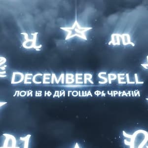 May include: Digital art featuring a celestial theme with a dark blue background and stylized clouds. The text "DECEMBER SPELL" is surrounded by glowing symbols and stars, with light beams emanating from the stars.