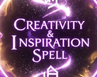 Puede incluir: Obra de arte digital que presenta un orbe brillante púrpura y dorado con las palabras "Creativity & Inspiration Spell". La imagen tiene un fondo oscuro con efectos de luz arremolinada y símbolos místicos.