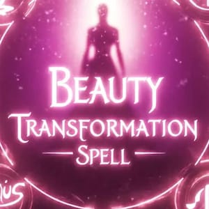 Op de afbeelding: Digitale illustratie in roze en paarse tinten met de tekst "BEAUTY TRANSFORMATION SPELL". De afbeelding bevat symbolen en een silhouet van een persoon in een cirkelvormig ontwerp.