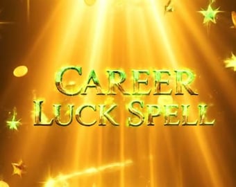 May include: A digital illustration with a golden theme, featuring the text "CAREER LUCK SPELL" above a glowing staircase. Stars and coins float in the air, with green symbols at the bottom. The overall design suggests a mystical or magical theme.