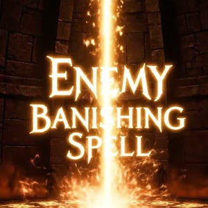 May include: A digital illustration of a glowing, golden beam of light emanating from a stone structure. The text "ENEMY BANISHING SPELL" is displayed in illuminated letters. The scene is dark, with figures silhouetted around the edges.