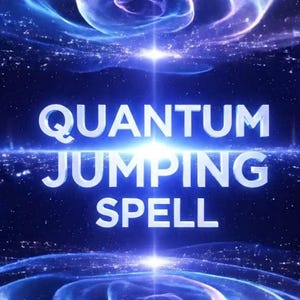 May include: A digital image featuring the words "QUANTUM JUMPING SPELL" in white, set against a backdrop of swirling blue and purple nebulae. The design evokes a sense of cosmic energy and mystical themes.