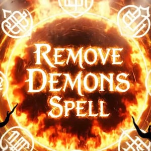 Może przedstawiać: Obraz cyfrowy z ognistym centralnym wzorem, wyświetlający słowa "REMOVE DEMONS SPELL" na biało. Ognisty rdzeń otoczony jest białymi symbolami. Tło jest ciemne, z jasnymi promieniami światła emanującymi z góry.