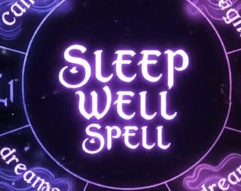 May include: A digital illustration of a purple and black circular design with the words "Sleep Well Spell" in the center. The design includes words like "calm", "dreams", and "night" around the circle, set against a starry background.