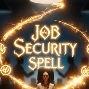 Puede incluir: Imagen con el texto "JOB SECURITY SPELL" en letras doradas, rodeado por un aura dorada. Una persona está sentada en un escritorio, iluminada por una luz brillante, con otras figuras en el fondo.