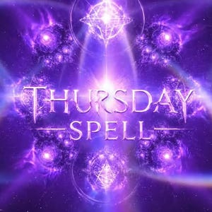 Puede incluir: Ilustración digital con un diseño celestial en tonos morados y azules. Una luz brillante emana de una forma geométrica central, con el texto "THURSDAY SPELL" en blanco. Fondo estrellado.