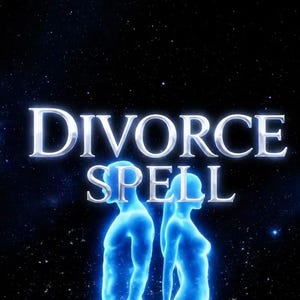Op de afbeelding: Digitale afbeelding met de tekst "DIVORCE SPELL" in zilver tegen een sterrenachtergrond. Twee gloeiende blauwe menselijke figuren staan rug aan rug, wat duidt op scheiding of een mystiek thema.