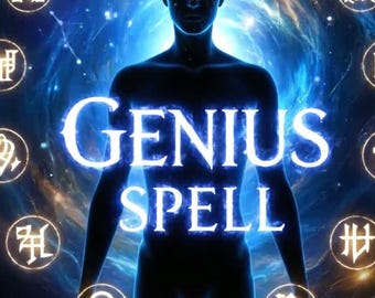 Puede incluir: Ilustración digital de una silueta humana con las palabras "GENIUS SPELL" en azul brillante. La figura está rodeada de símbolos brillantes y rayos sobre un fondo cósmico, sugiriendo temas de magia e intelecto.