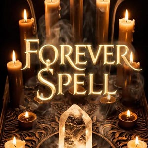 Könnte beinhalten: Eine mystische Szene mit einem leuchtenden Kristall und Kerzen. Das Bild zeigt den Text "FOREVER SPELL" in Gold, umgeben von brennenden Kerzen und Rauch, wodurch eine magische Atmosphäre entsteht. Die Kerzen sind in verschiedenen Größen und Formen auf einem dekorativen Tablett angeordnet.