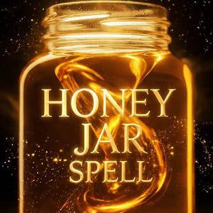 Op de afbeelding: Een glazen pot gevuld met een gouden vloeistof, met de woorden "HONEY JAR SPELL" in gouden letters. De pot wordt verlicht met een warme gloed en de achtergrond is donker met sprankelende deeltjes.