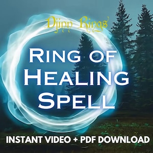 May include: A blue and white glowing ring with the text "Djinn Rings" and "Ring of Healing Spell" in a white font. The text "INSTANT VIDEO + PDF DOWNLOAD" is at the bottom of the image.