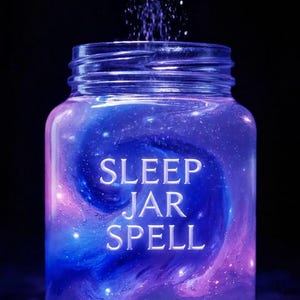 Pode incluir: Um frasco de vidro com as palavras "SLEEP JAR SPELL" em letras brancas. O frasco é preenchido com uma galáxia rodopiante de tons azuis e roxos, com partículas brilhantes caindo nele de cima. O fundo é preto.