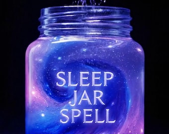 May include: A glass jar with the words "SLEEP JAR SPELL" in white lettering. The jar is filled with a swirling galaxy of blue and purple hues, with sparkling particles falling into it from above. The background is black.