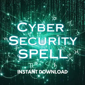 Puede incluir: Gráfico digital con las palabras "CYBER SECURITY SPELL" en blanco, sobre un fondo verde oscuro y turquesa con líneas y símbolos brillantes. El texto "INSTANT DOWNLOAD" está en la parte inferior.