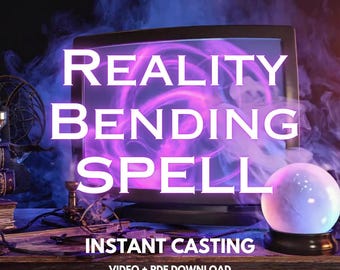 May include: A mystical scene featuring a vintage television screen with the words "REALITY BENDING SPELL" in white. A glowing orb sits on a stand, with the text "INSTANT CASTING" and "VIDEO + PDF DOWNLOAD" below. Smoke and magical elements complete the scene.