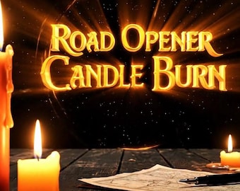 May include: The image displays the text "Road Opener Candle Burn" in gold, with a glowing effect. Lit candles and a key rest on a wooden surface, creating a mystical atmosphere. A map and pen are also visible.
