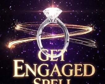 May include: A diamond engagement ring with a sparkling gemstone is featured against a purple starry background. The words "GET ENGAGED SPELL" are displayed in gold lettering, with light trails.