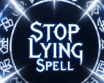May include: A digital graphic with a dark blue background. The image features a glowing blue circular design with the words "STOP LYING SPELL" in white, stylized lettering. The design includes symbols and radiating light.