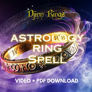 Pode incluir: Um anel de ouro com desenhos intrincados e as palavras "Astrology Ring Spell" sobre um fundo roxo e rosa. O texto "Djinn Rings" está na parte superior da imagem. O texto "Video + PDF Download" está na parte inferior da imagem.