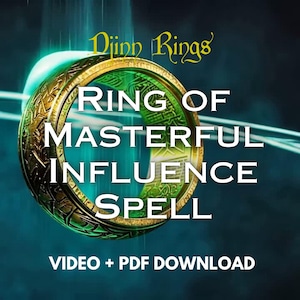 Puede incluir: Un anillo dorado con detalles verdes y diseños intrincados. El anillo está rodeado de un fondo azul y verde con el texto "Djinn Rings" y "Ring of Masterful Influence Spell" en blanco. El texto "VIDEO + PDF DOWNLOAD" también está incluido en blanco.