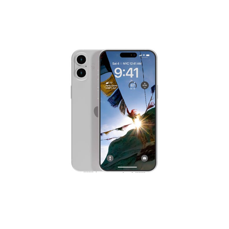 May include: A white iPhone with a colorful landscape photo on the screen. The time is 9:41 AM and the date is Sat 4. The phone is in a clear case.