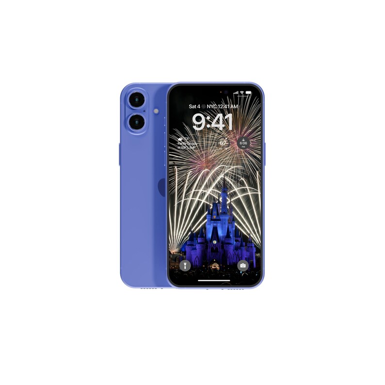 May include: A purple iPhone with a fireworks display over a castle on the screen. The time is 9:41 AM.