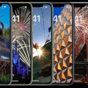 May include: Six different iPhone screens with various Disney-themed backgrounds. The screens show images of fireworks, the Spaceship Earth attraction, and Cinderella's Castle. The time is displayed on each screen, with the first screen showing 9:41 and the remaining screens showing 41.