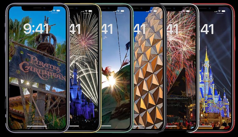 May include: Six different iPhone screens with various Disney-themed backgrounds. The screens show images of fireworks, the Spaceship Earth attraction, and Cinderella's Castle. The time is displayed on each screen, with the first screen showing 9:41 and the remaining screens showing 41.